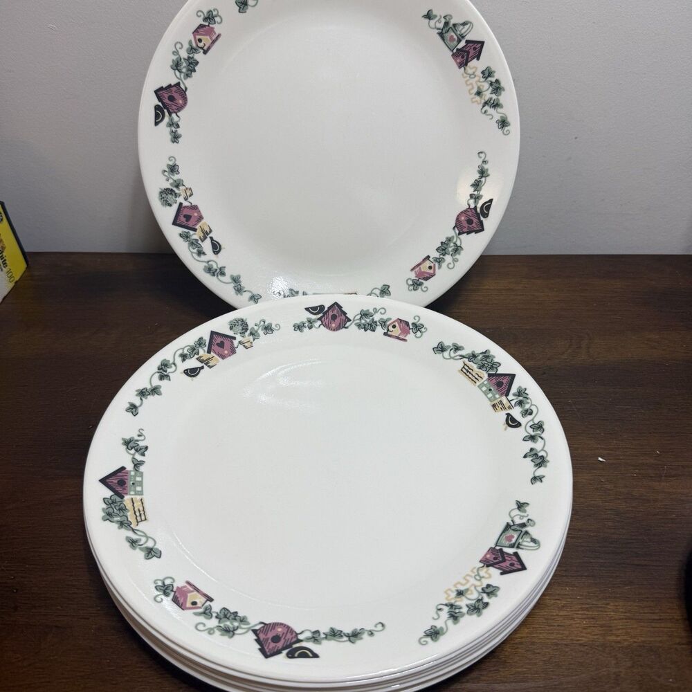 8 Vintage Corning Corelle Garden Home Dinner Plates Birdhouse Design 10.25"